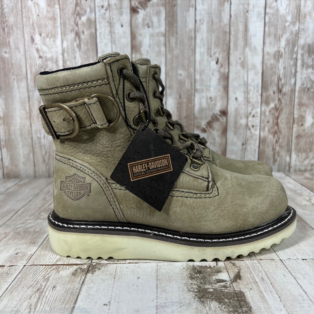 Harley-Davidson Womens Sage Green Leather Lace Up Moto Boots D84488 Size 5M